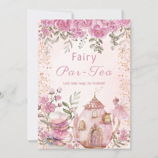 フェアリーティーパーティー赤面ピンクフラワーズガール誕生日 招待状 (裏面)