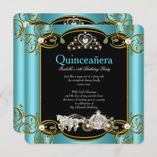 フェアリーテレキンセアニェラ15th誕生日ティール（緑がかった色）ブルー 招待状 (正面/裏面)