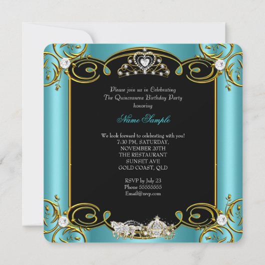 フェアリーテレキンセアニェラ15th誕生日ティール（緑がかった色）ブルー 招待状 (裏面)