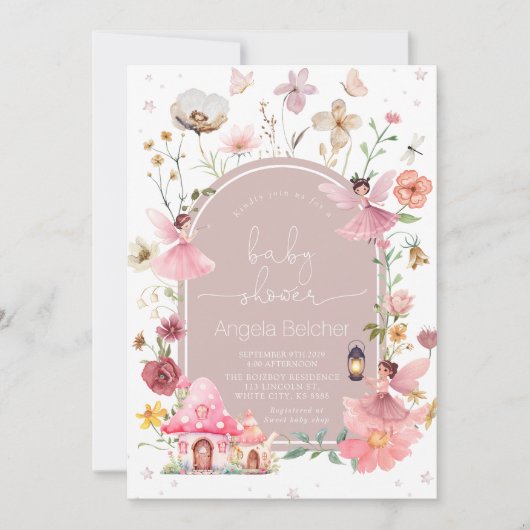 フェアリーハウス – 赤面ボホワイルドフラワーベビーシャワー 招待状 (正面)