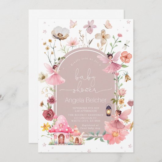 フェアリーハウス – 赤面ボホワイルドフラワーベビーシャワー 招待状 (正面/裏面)
