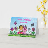 フェアリーパーソナライズされたアンドユニコーンハッピーバースデー カード (黄色い花)