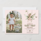 フェアリーパーソナライズされたファースト写真ピンク1歳 招待状 (正面)