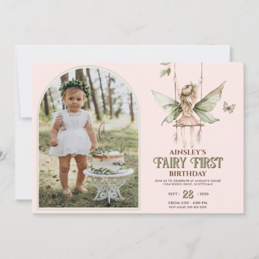 フェアリーパーソナライズされたファースト写真ピンク1歳 招待状 (正面)