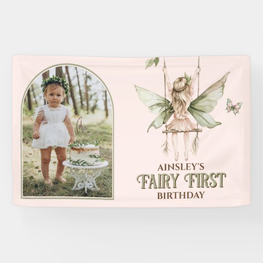 フェアリーパーソナライズされたファースト写真ピンク1歳 横断幕 (横)