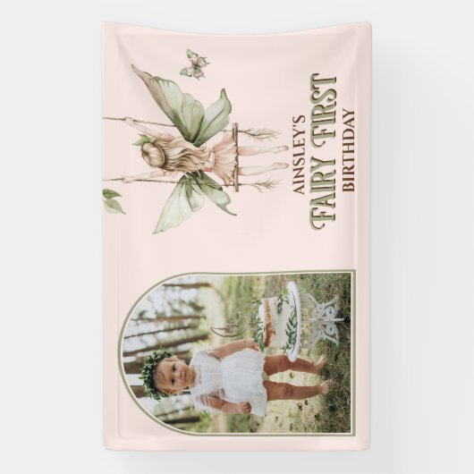 フェアリーパーソナライズされたファースト写真ピンク1歳 横断幕 (縦)