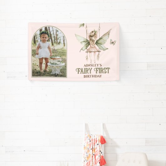フェアリーパーソナライズされたファースト写真ピンク1歳 横断幕 (インサイチュ)