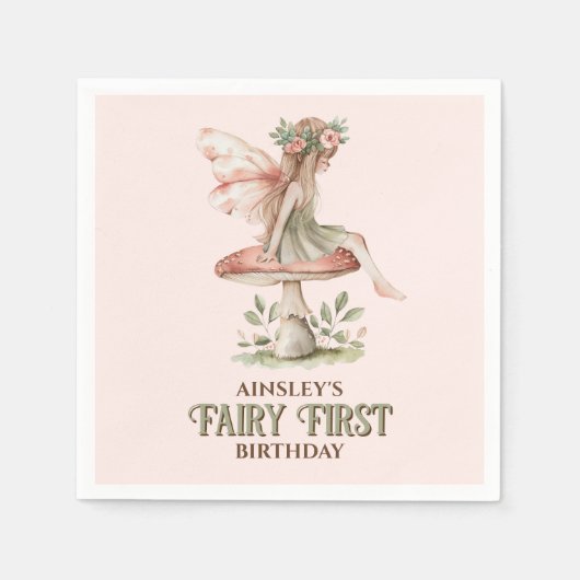 フェアリーパーソナライズされたファースト・ピンク1歳の誕生日パーティー スタンダードカクテルナプキン (正面)