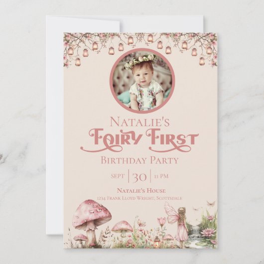 フェアリーファーストテーマガールの最初の誕生日パーティー写真 招待状 (正面)