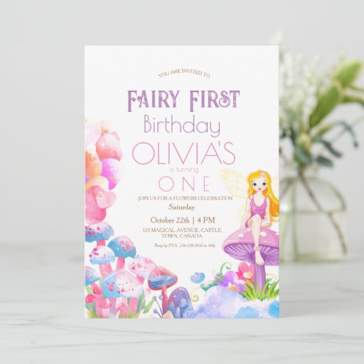 フェアリーファーストテーマキノコ1st誕生日パーティー 招待状 (スタンド正面)