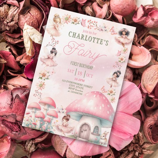 フェアリーファーストマッシュルームハウスピンク誕生日 招待状