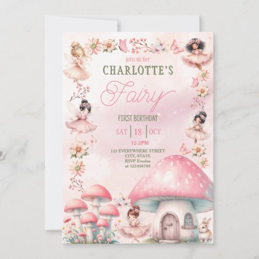 フェアリーファーストマッシュルームハウスピンク誕生日 招待状 (正面)