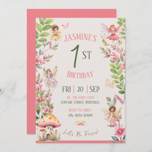 フェアリーファースト誕生日ウォーターカラー招待状 招待状 (正面/裏面)