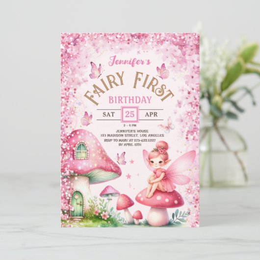 フェアリーファースト誕生日ガール1stフェアリーフォレストピンク 招待状 (スタンド正面)