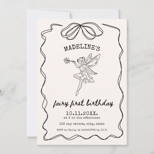 フェアリーファースト誕生日ハンドミニマ図解入りの、写真付きのリスト 招待状 (正面)
