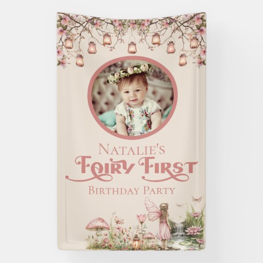 フェアリーファースト誕生日パーティービニパーソナライズされたアル 横断幕 (縦)