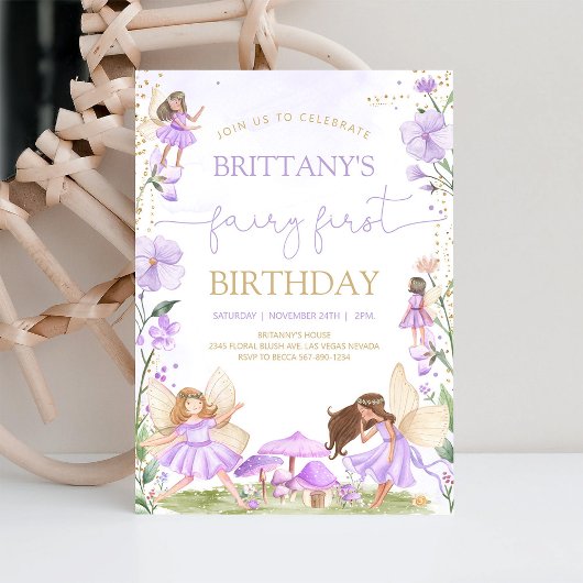 フェアリーファースト誕生日パープルマジカルワイルドフラワー 招待状