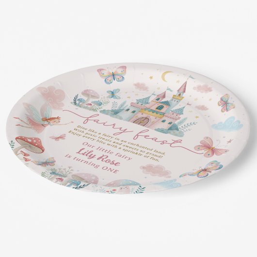 フェアリーファースト誕生日ピンクお洒落蝶 ペーパープレート (アングル)