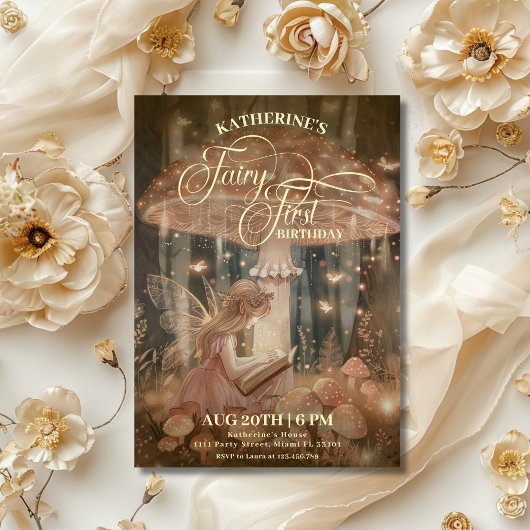 フェアリーファースト誕生日フォレストお洒落キノコ 招待状