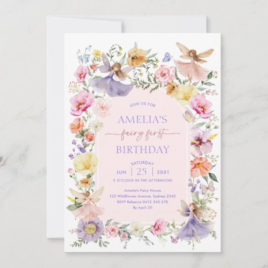 フェアリーファースト誕生日緑豊かなワイルドフラワーガーデンパーティー 招待状 (正面)