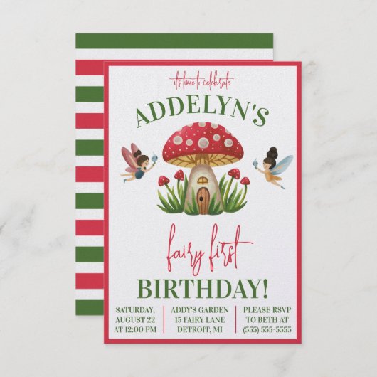 フェアリーファースト誕生日、ガーデンキノコ誕生日 招待状 (正面/裏面)