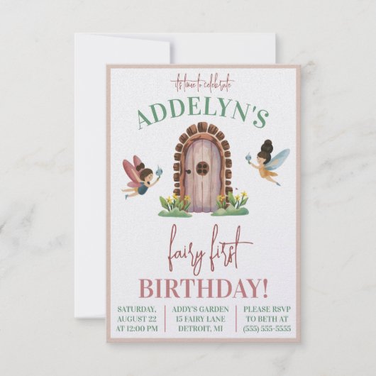 フェアリーファースト誕生日、フェアリーガーデンをテーマにした誕生日 招待状 (正面)