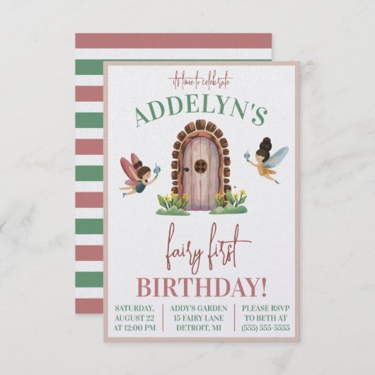 フェアリーファースト誕生日、フェアリーガーデンをテーマにした誕生日 招待状 (正面/裏面)