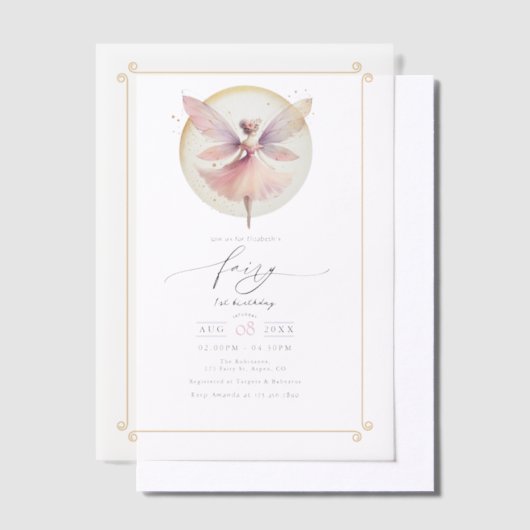 フェアリーファースト1歳の誕生日パーティー ベラム紙招待状 (オフセット)
