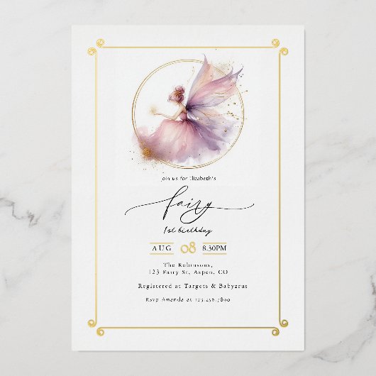 フェアリーファースト1歳の誕生日パーティー 箔招待状 (正面)