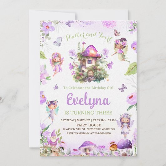 フェアリーフラッタトゥウィリーパープル誕生日招待状 招待状 (正面)