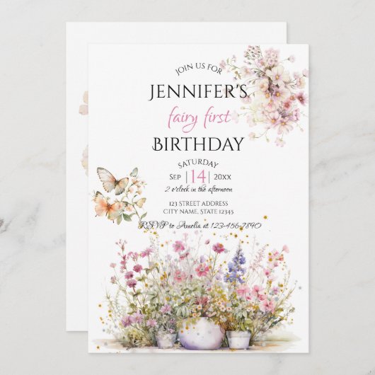フェアリーフローラファースト誕生日招待状 招待状 (正面/裏面)