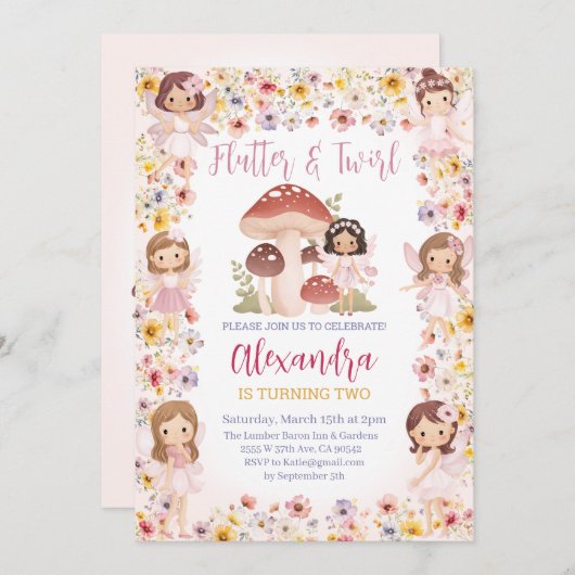 フェアリーフローラマジカルガーデンフォレストガール誕生日 招待状 (正面/裏面)