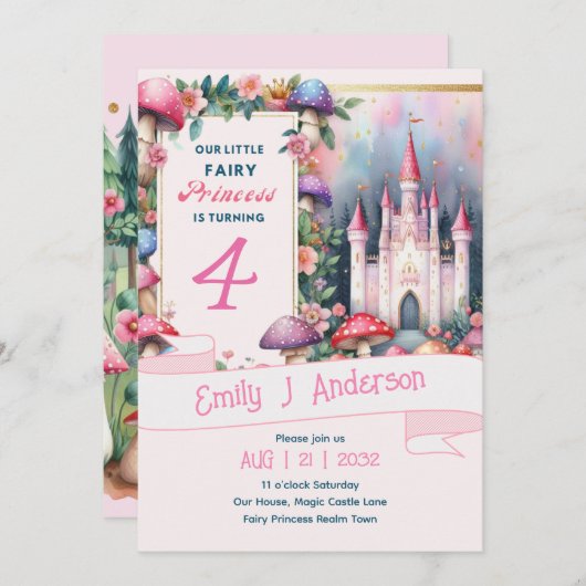 フェアリープリンセスバースデーパーティーピンクフェアヤコア 招待状 (正面/裏面)