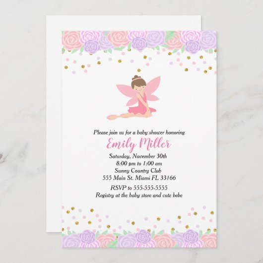 フェアリーベビーシャワー招待状金ゴールドピンク 招待状 (正面/裏面)