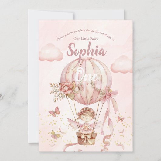 フェアリーホットエアバルーンガール誕生日招待状 招待状 (正面)