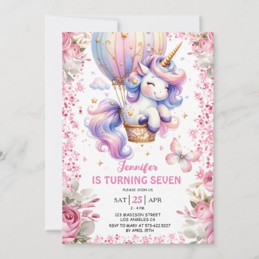 フェアリーユニコーン7誕生日ガールピンクユニコーン 招待状 (正面)