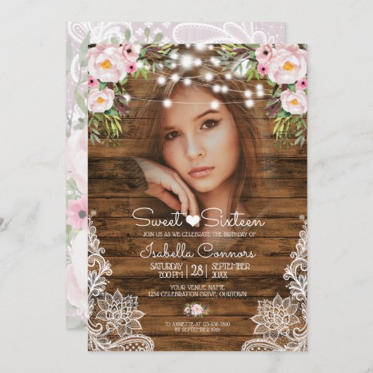 フェアリーライトウッドフローラとレーススウィート16パーティー 招待状 (正面/裏面)