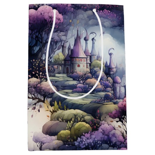 フェアリーランドの童話ダークブルーパープルとグリーン ミディアムペーパーバッグ (正面)