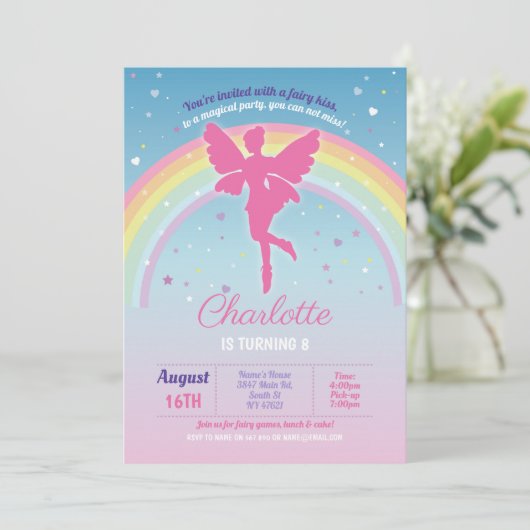 フェアリーレインボーパーティー誕生日ピンクマジカルフェアリーズ 招待状 (スタンド正面)
