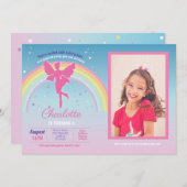 フェアリーレインボーパーティー誕生日ピンクマジカルフェリー 招待状 (正面/裏面)