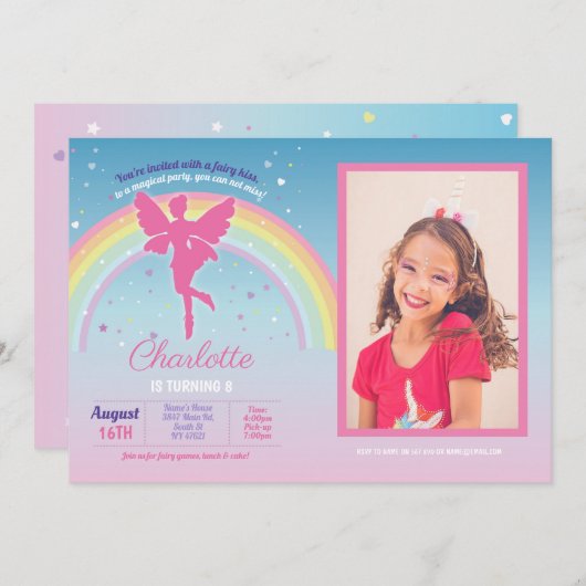 フェアリーレインボーパーティー誕生日ピンクマジカルフェリー 招待状 (正面/裏面)