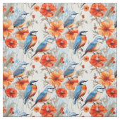 フェアリーレンツとオレンジ色のポピーの花と鳥 ファブリック (見本)