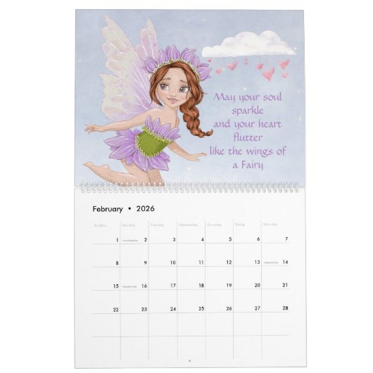 フェアリー図解入りの、写真付きのアートウォーターカラー引用文 カレンダー (2月 2026)
