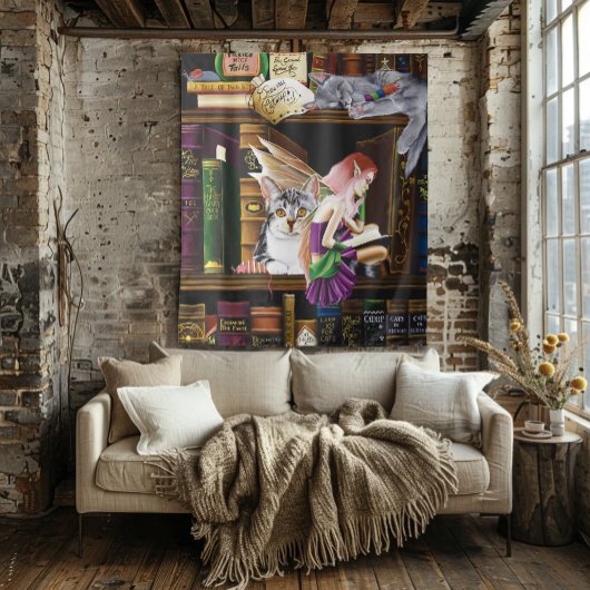 フェアリー猫ブックライブラリーファンタジー タペストリー