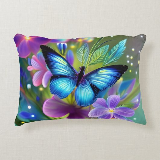 フェアリー白熱［赤熱］光を放つガーデンに青い蝶 アクセントクッション (正面)