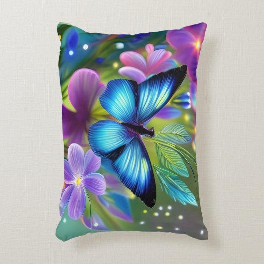 フェアリー白熱［赤熱］光を放つガーデンに青い蝶 アクセントクッション (正面(垂直))