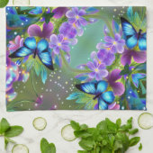 フェアリー白熱［赤熱］光を放つガーデンに青い蝶 キッチンタオル (折り畳み)