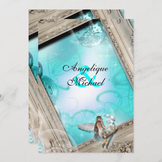 フェアリー結婚ターの水色の青 招待状 (正面/裏面)