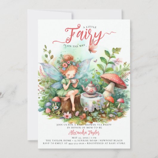 フェアリー茶きのこ野生のガーデンベビーガールシャワー 招待状 (正面)