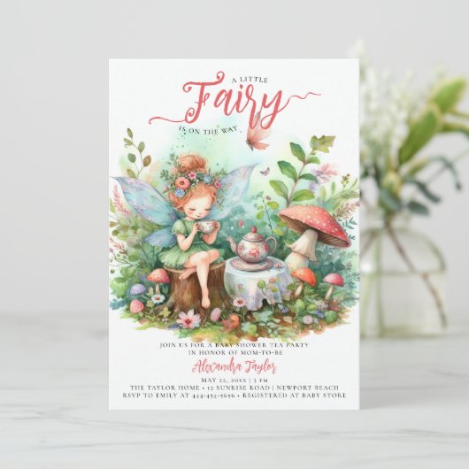 フェアリー茶きのこ野生のガーデンベビーガールシャワー 招待状 (スタンド正面)
